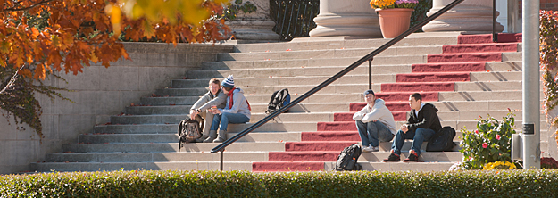 Students on Carnegie library stairs